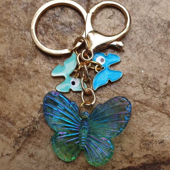 Butterflies Charms Blue Metal Key Chain Key Ring Handbag Purse Pendant Accessory - Picture 1 of 1